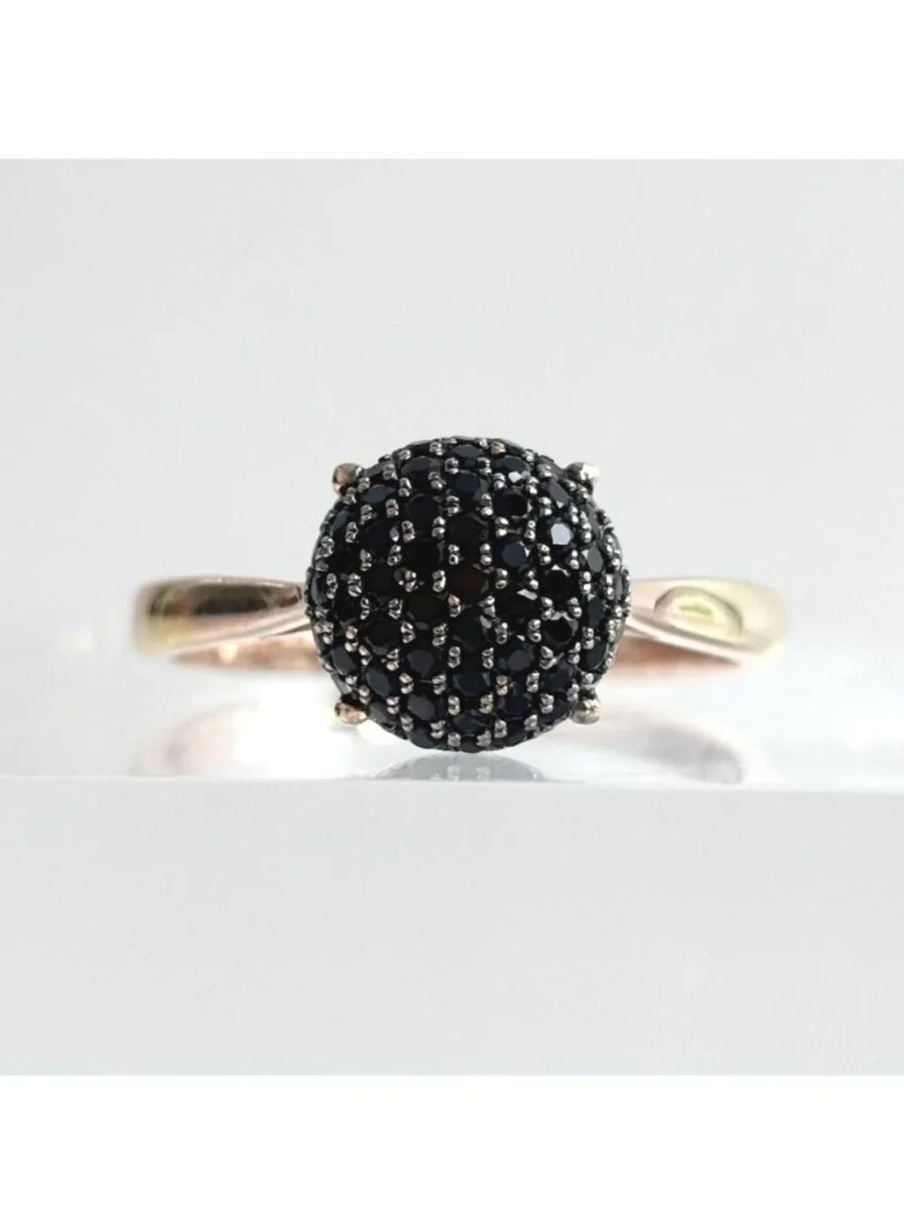 Black Spinel Pave Vermeil Gold Overlay Sterling Silver 925 Vintage Ring - sz 10
